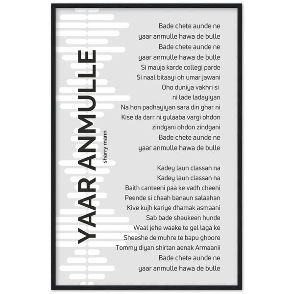 Yaar Anmulle - Sharry Mann - Song Lyrics Wall Art